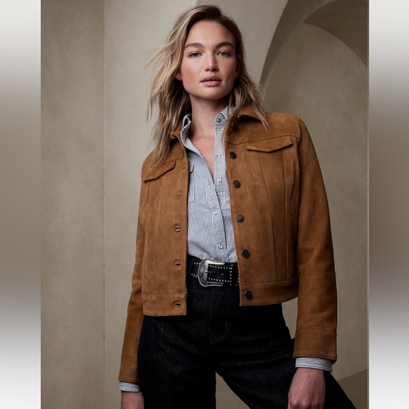 New! BANANA REPUBLIC Suede Trucker Jacket in Golden Chestnut Brown, Size Large - Picture 4 of 6